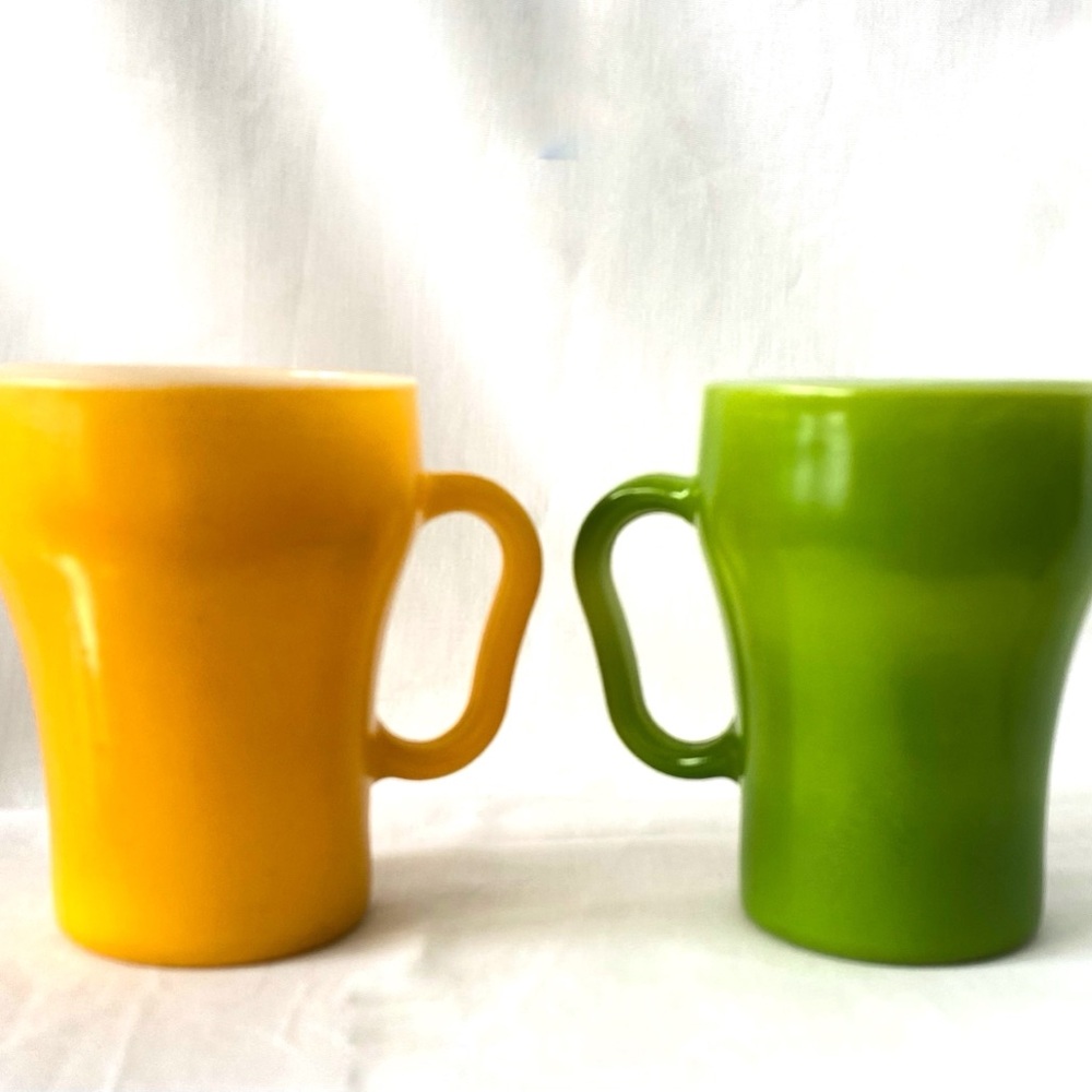 Fire King Yellow/Green Soda Milk Glass Vintage Coffee Mugs Anchor Hocking